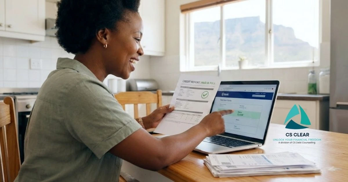 South African consumer reviewing credit report after paying debt